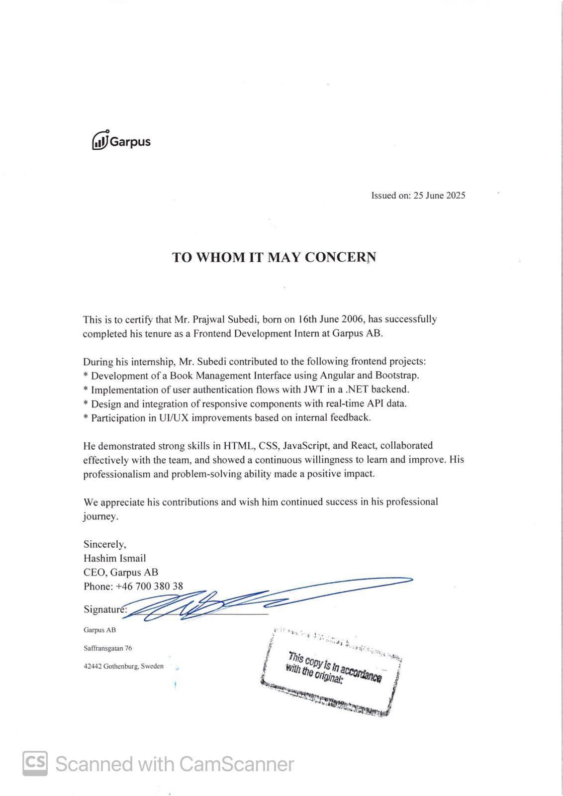 Garpus Organization-Frontend Development certificate