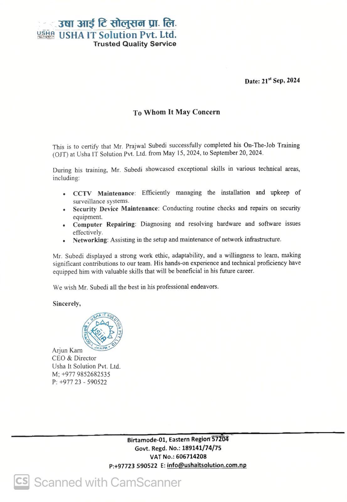 Internship at USHA IT SOLUTIOn certificate